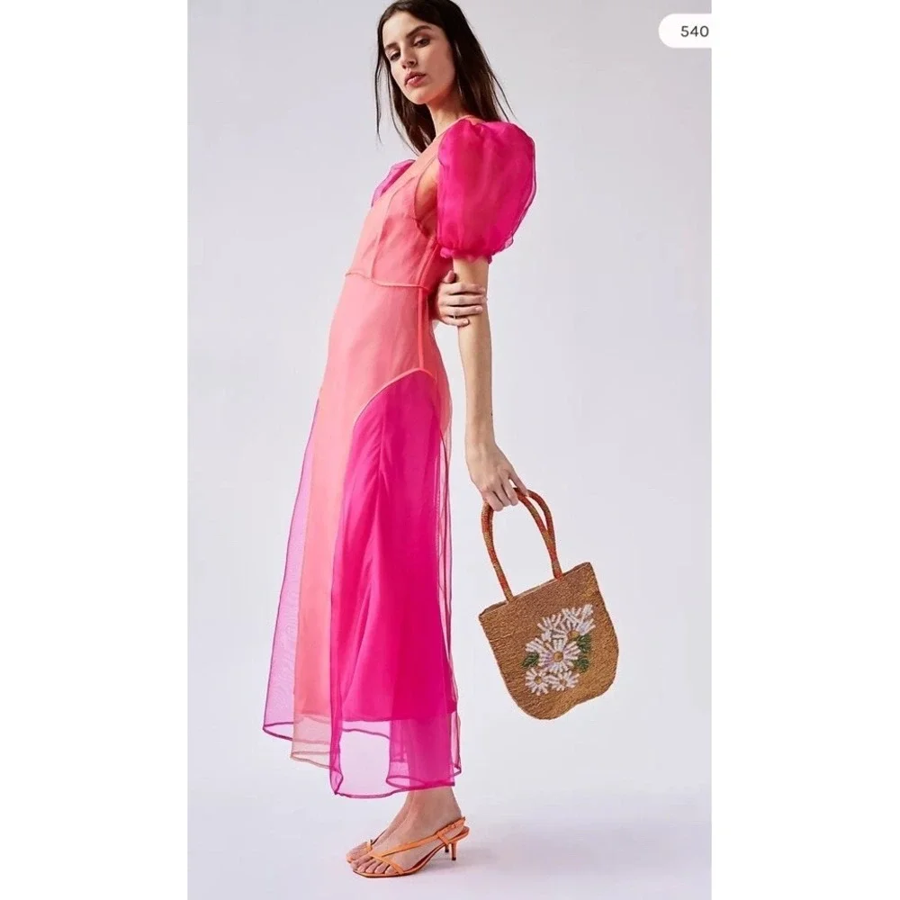 Celia B Nammu Silk Pink Peach Organza Colorblock Puff Sleeve Sheer Midi Dress